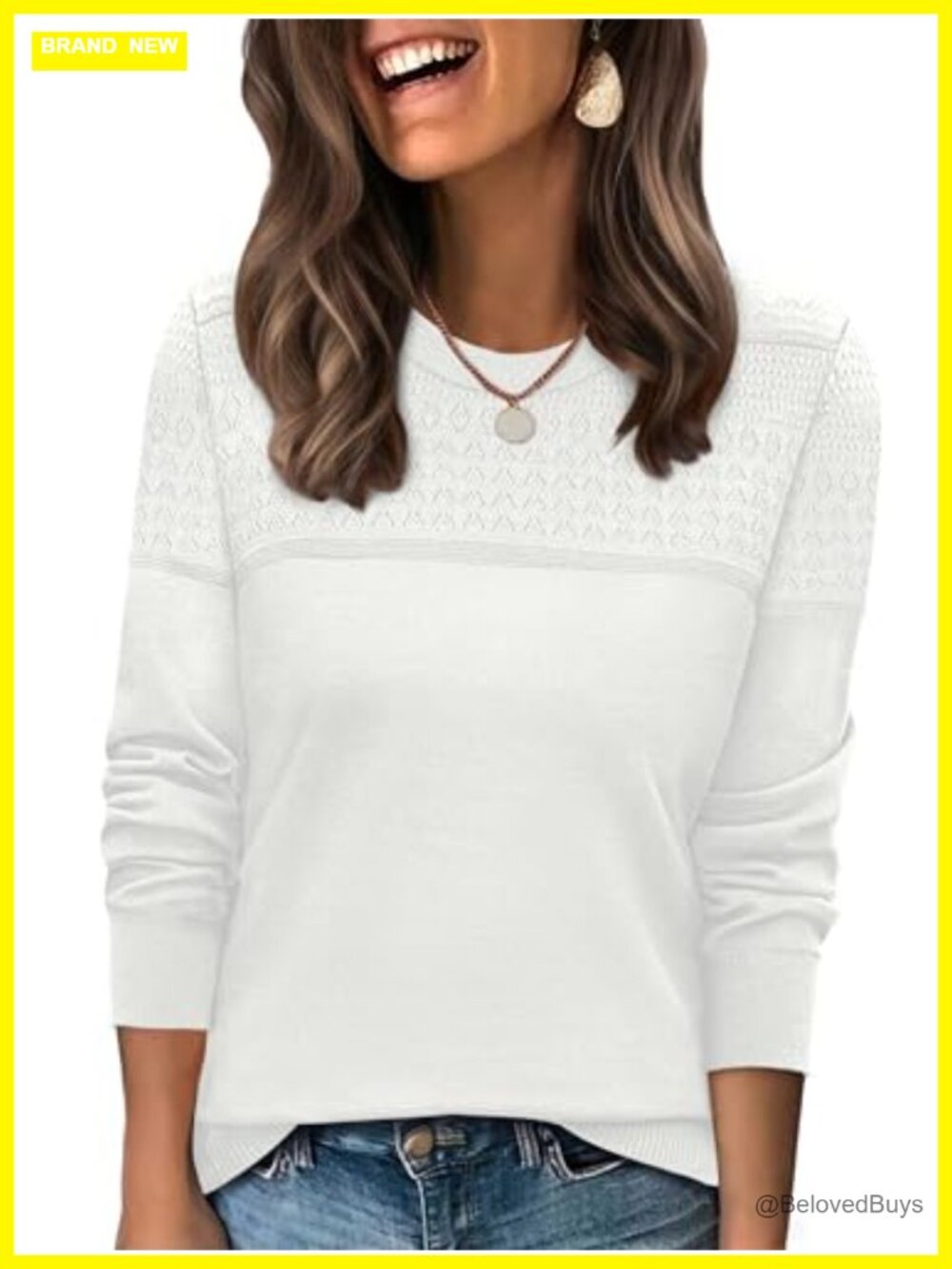 Crew Neck Crochet Cable Knit Pullover Sweater Long Sleeve Fall Winter Top